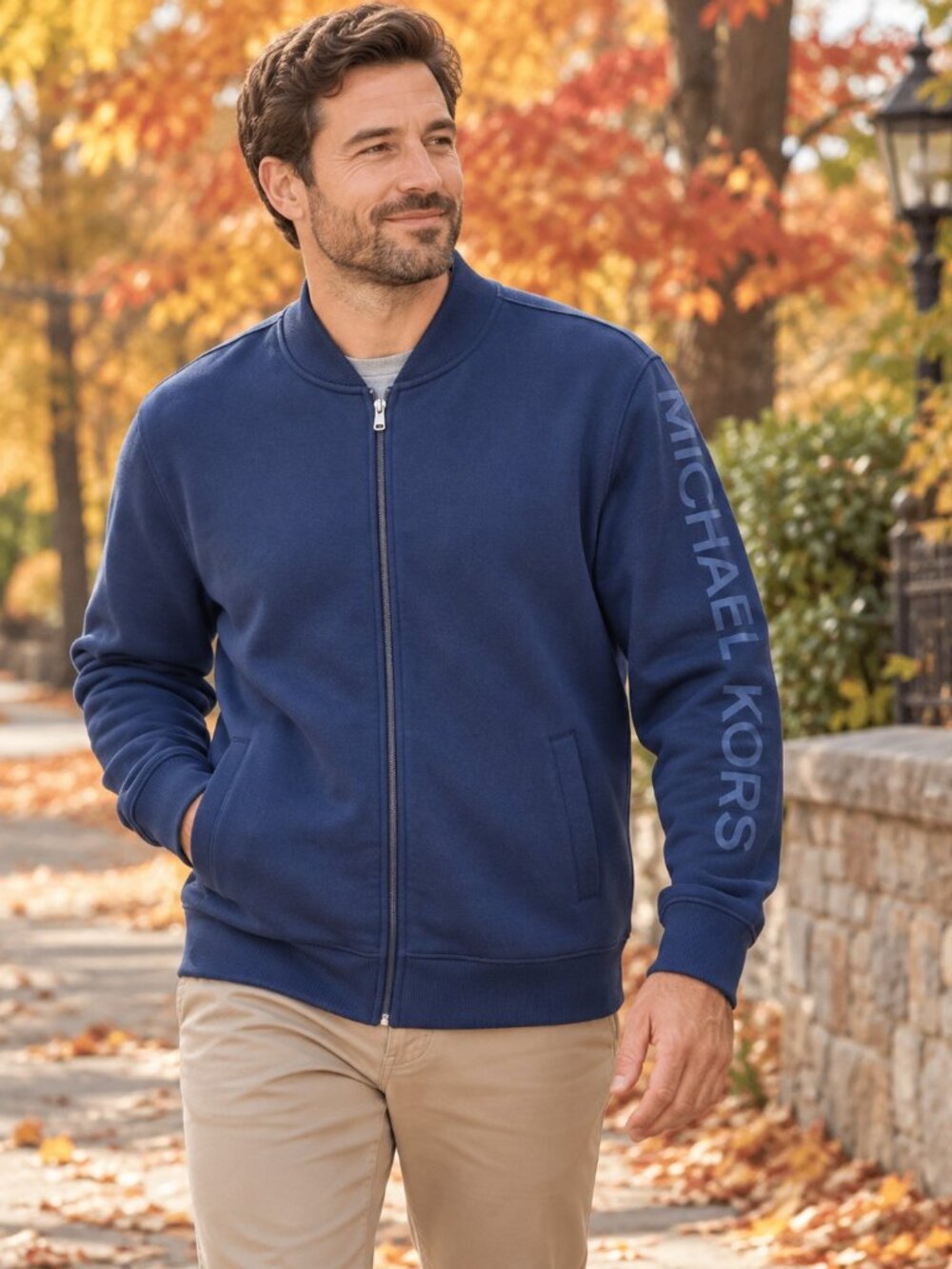 Michael Kors Navy Blue Full Zip Fleece Sweatshirt Jacket Sleeve Logo Varsity L